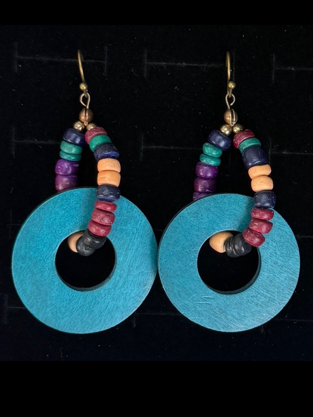 Vintage Bohemian chic multicolored blue circle wood pierced dangle earrings